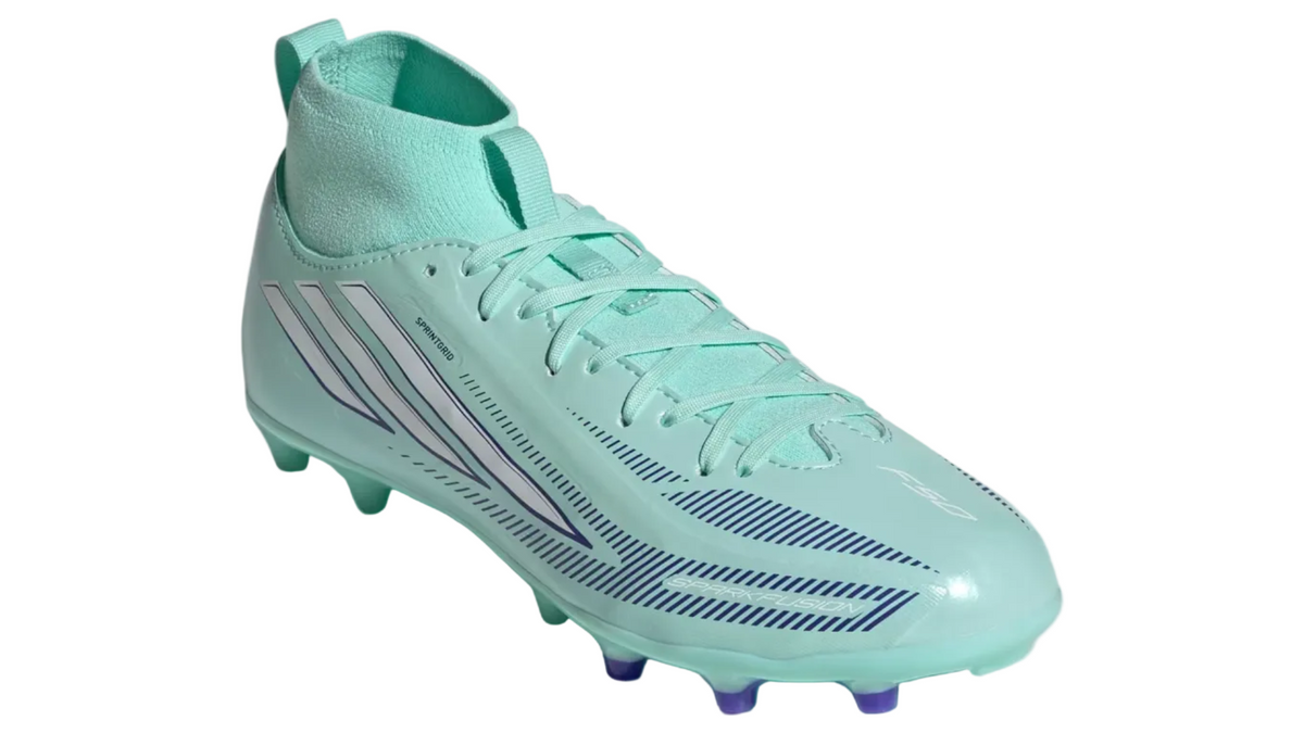 Adidas F50 SPARKFUSION LEAGUE Mid Cut Firm Ground / Artificial Ground Soccer Cleats Kids - Clear Mint / Cloud White / Solar Purple